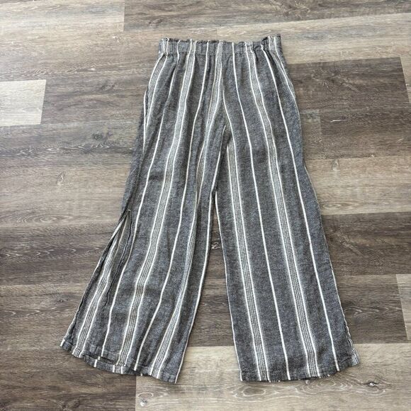 Happily Grey Linen Blend Striped Wide Leg Pants XL Paperbag Waist Belted Casual - Picture 2 of 14